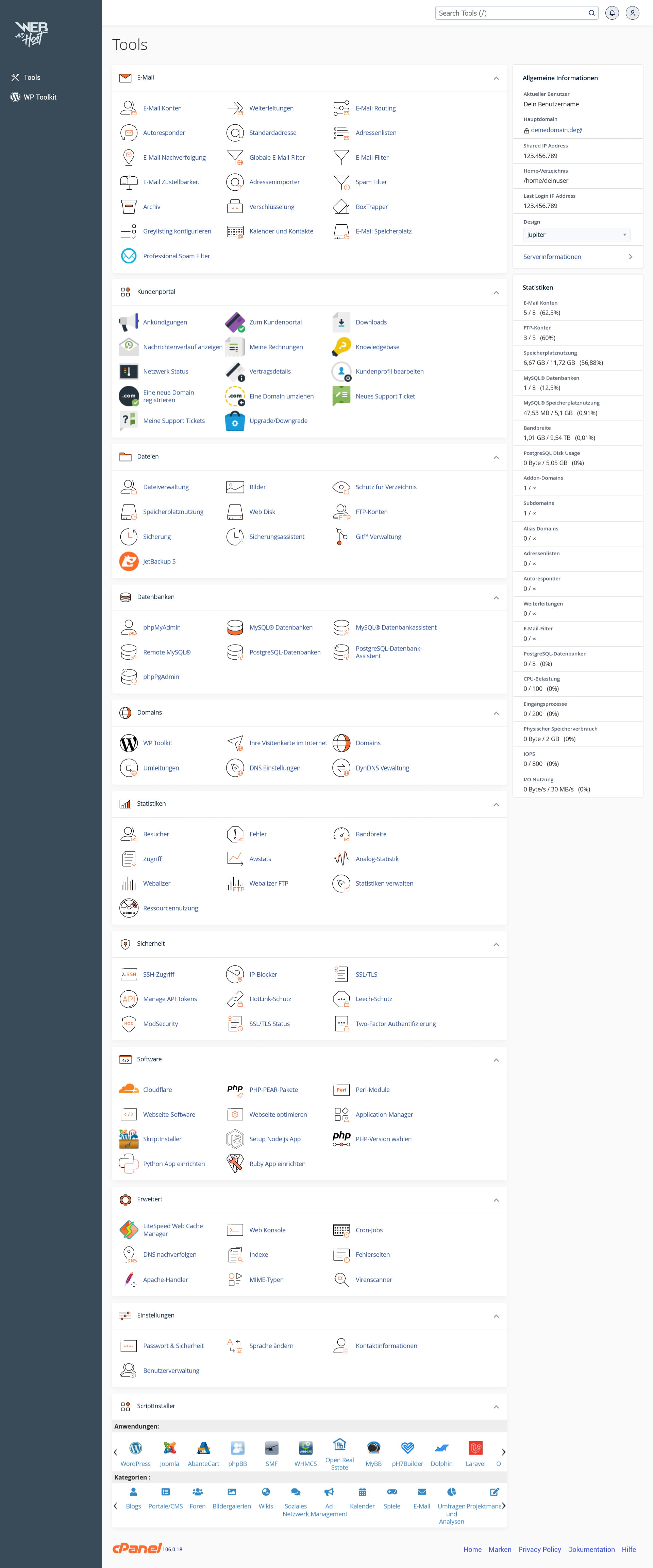 Ansicht cPanel bei Web and Host
