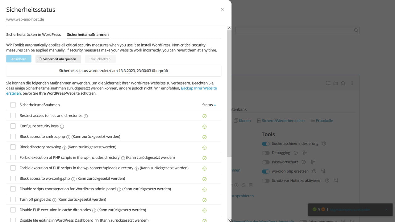 WP Toolkit Sicherheitsstatus